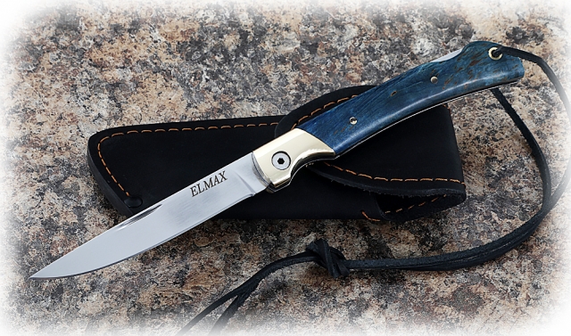 Нож Мексиканец, складной, сталь Elmax, рукоять накладки карельская береза стабилизированная синяя 