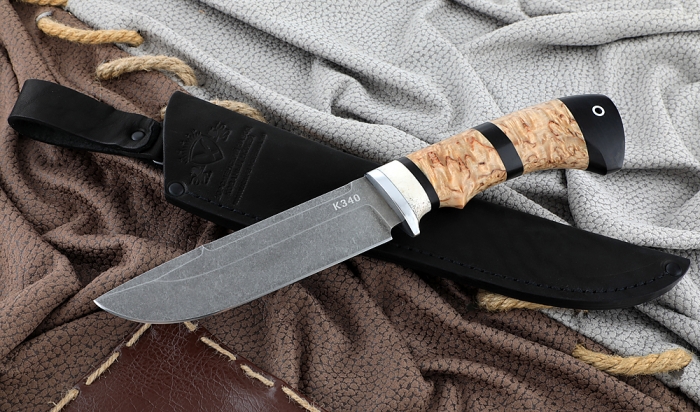 Нож Барракуда сталь К340, рукоять карельская береза черный граб рог лося