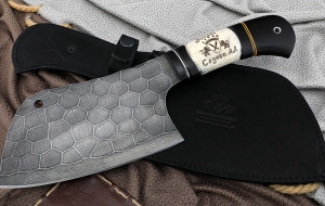 Тяпка №1 сталь дамаск, полный камень рукоять черный граб рог лося