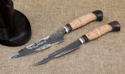 Набор ножей: Шеф №6, Шеф №7 сталь Х12МФ береста с гравировкой на подставке венге