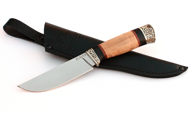 Нож Крот сталь ELMAX , рукоять карельская береза-черный граб,мельхиор 