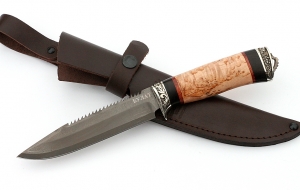 Нож Рыболов-1 сталь булат, рукоять черный граб-карельская береза, мельхиор