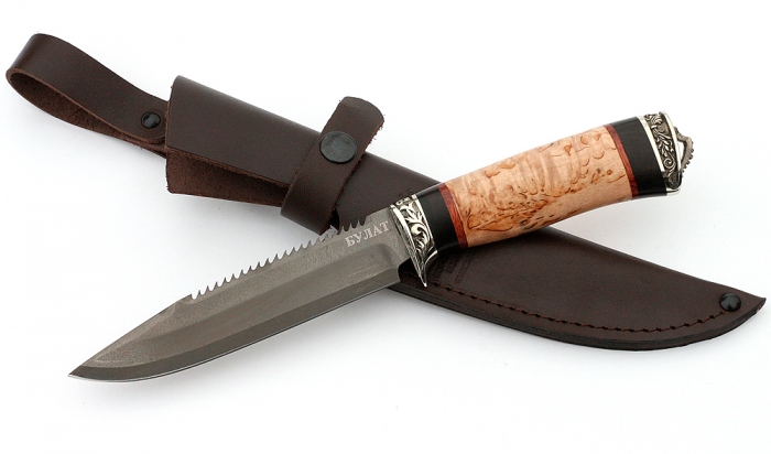 Нож Рыболов-1 сталь булат, рукоять черный граб-карельская береза, мельхиор