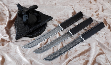 Премиум набор ножей Танто дамаск ламинированный черный граб на подставке «Костер» Премиум набор ножей Танто дамаск ламинированный черный граб на подставке «Костер»