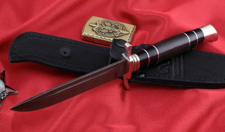 Нож финка НКВД, сталь дамаск, рукоять черный граб, мельхиор