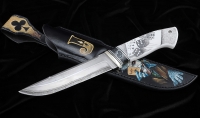 Нож Барракуда ламинация S 390 в  крученом дамаске, серебро акрил белый, скримшоу Джокер