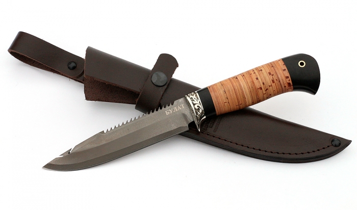 Нож Рыболов-3 сталь булат, рукоять черный граб-береста, мельхиор