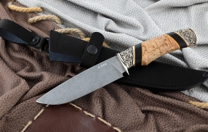 Нож Нептун сталь К340, рукоять карельская береза черный граб, мельхиор