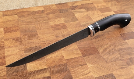 Нож Филейка большая сталь дамаск рукоять акрил коричневый и черный граб  Нож Филейка большая сталь дамаск рукоять акрил коричневый и черный граб