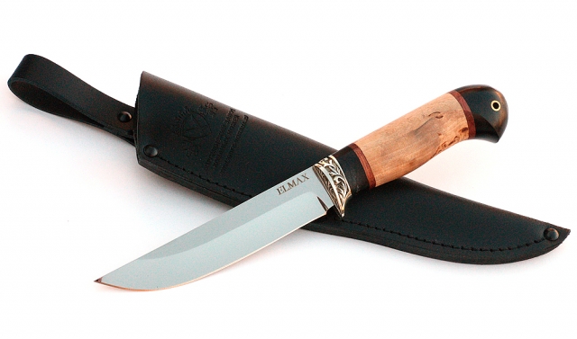 Нож Охотник сталь ELMAX , рукоять карельская береза-черный граб,мельхиор 