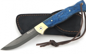 Нож складной Лиса, сталь булат, рукоять накладки карельская береза стабилизированная синяя Нож складной Лиса, сталь булат, рукоять накладки карельская береза стабилизированная синяя