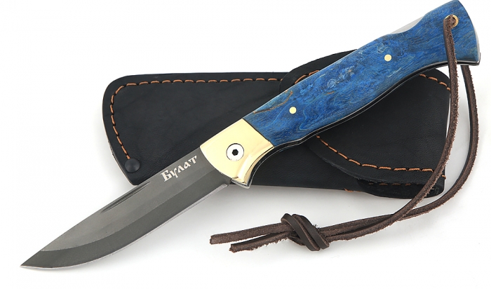 Нож Лиса, складной, сталь булат, рукоять накладки карельская береза стабилизированная синяя