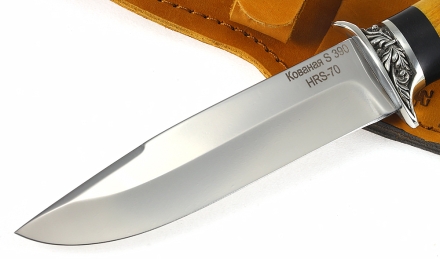 Нож Комбат сталь S390 рукоять черный граб+карельская береза стабилизированная янтарь, мельхиор 1