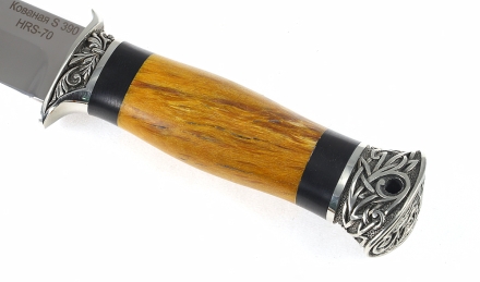 Нож Комбат сталь S390 рукоять черный граб+карельская береза стабилизированная янтарь, мельхиор 1