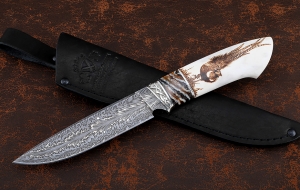 Подарочный Нож Фазан дамаск торцевой рог лося кость мамонта, мельхиор