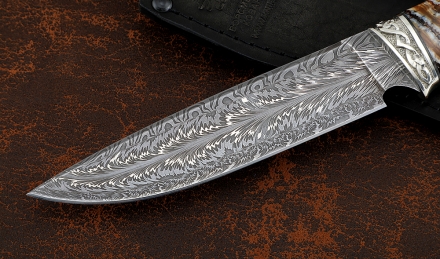 Подарочный Нож Фазан дамаск торцевой рог лося кость мамонта, мельхиор