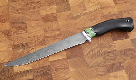 Нож Филейка большая сталь дамаск рукоять акрил зеленый и черный граб