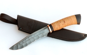 Нож Волк сталь дамасск полный камень рукоять береста