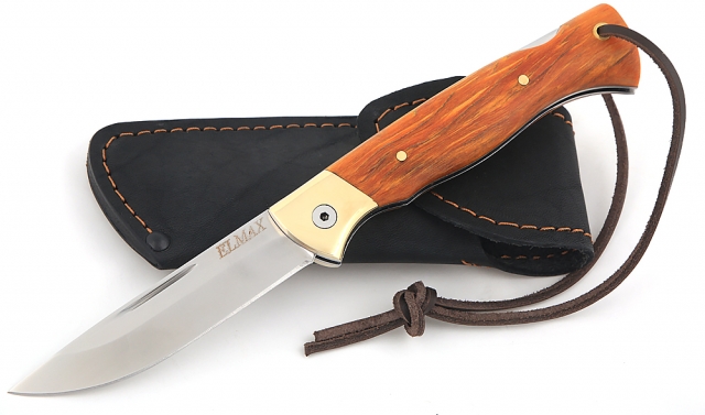 Нож Лиса, складной, сталь Elmax, рукоять накладки карельская береза стабилизированная янтарь 