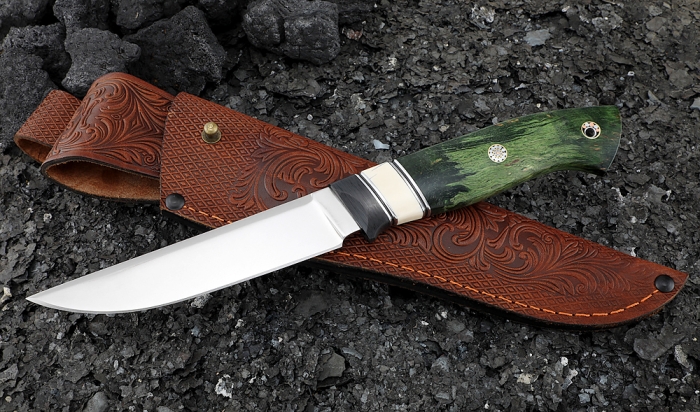 Нож Ирбис S390 рукоять карбон бивень моржа карельская береза зеленая