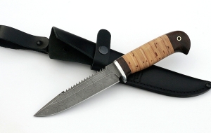 Нож Рыболов-1 сталь дамаск, рукоять береста Нож Рыболов-1 сталь дамаск, рукоять береста