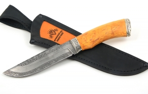 Нож Алтай сталь дамаск торцевой, рукоять карельская береза стабилизированная янтарь, мельхиор