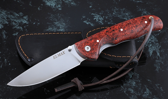 Нож Акула, складной, сталь Elmax, рукоять накладки акрил красный 
