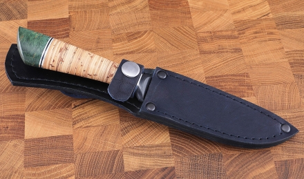 Нож Лиса сталь кованая х12мф, рукоять  береста и карельская береза зеленая   Нож Лиса сталь кованая х12мф, рукоять  береста и карельская береза зеленая