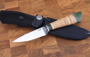 Нож Лиса сталь кованая х12мф, рукоять  береста и карельская береза зеленая  