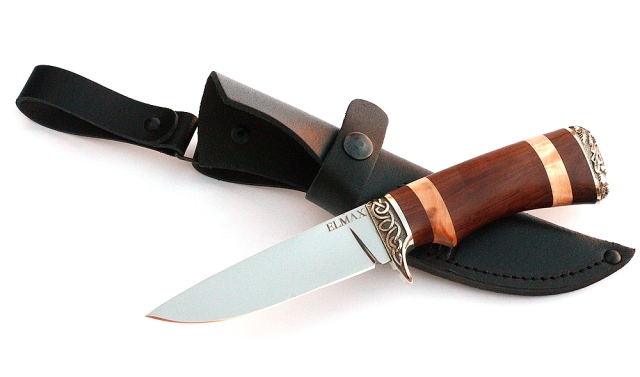 Нож Жерех сталь ELMAX, рукоять коричневый граб-кап,мельхиор 