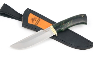 Нож из стали S390 «Алтай» рукоять карельская береза стабилизированная изумруд, латунь