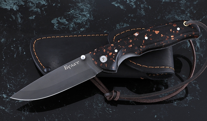 Нож Акула, складной, сталь булат, рукоять накладки акрил коричневый