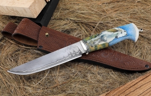 Авторский Нож Засапожный дамаск ламинированный рог лося с рисунком