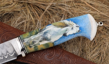 Авторский Нож Засапожный дамаск ламинированный рог лося с рисунком