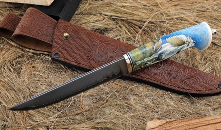Авторский Нож Засапожный дамаск ламинированный рог лося с рисунком