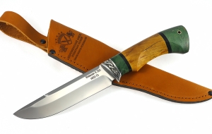 Нож Барракуда сталь S390 рукоять карельская береза стабилизированная янтарь+изумруд, мельхиор 1