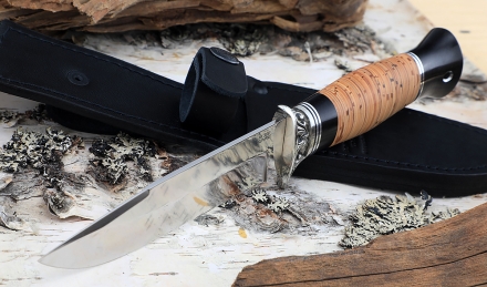 Нож Лидер сталь M390, рукоять береста, мельхиор Нож Лидер сталь M390, рукоять береста, мельхиор