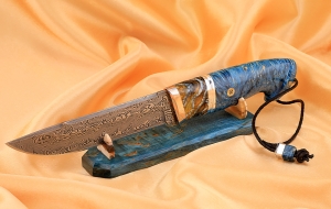 Эксклюзивный Нож Барракуда сталь дамаск нержавеющий рукоять мокуме-гане карельская береза кость мамонта на подставке