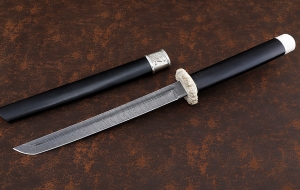 Премиум Нож Танто большой сталь дамаск, рукоять и ножны черный граб рог лося мельхиор Премиум Нож Танто большой сталь дамаск, рукоять и ножны черный граб рог лося мельхиор