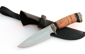 Нож Походный сталь ELMAX, рукоять береста-черный граб,мельхиор Нож Походный сталь ELMAX, рукоять береста-черный граб,мельхиор