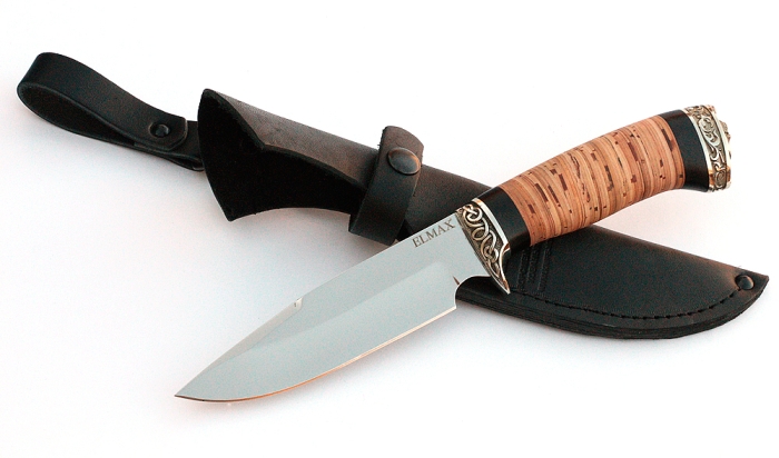 Нож Походный сталь ELMAX, рукоять береста-черный граб,мельхиор