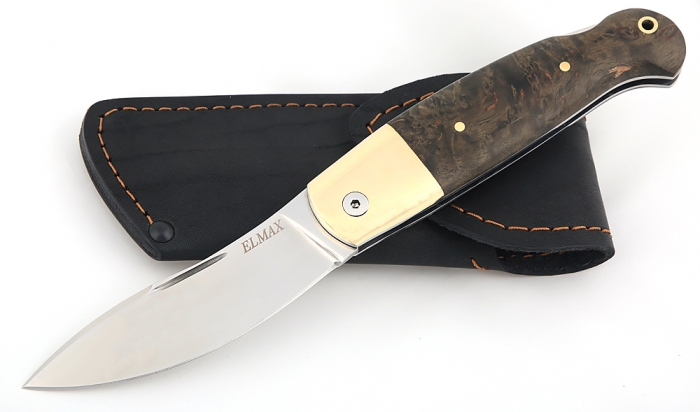 Нож Клык, складной, сталь Elmax, рукоять накладки карельская береза стабилизированная коричневая