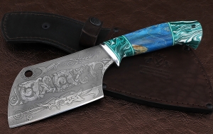 Тяпка №8 сталь Х12МФ, рукоять карельская береза синяя акрил зеленый