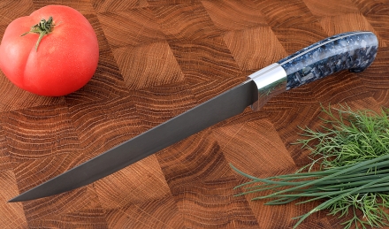 Нож шеф филейный цельнометаллический, средний сталь Х12МФ, рукоять акрил синий с дюралью Нож шеф филейный цельнометаллический, средний сталь Х12МФ, рукоять акрил синий с дюралью