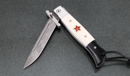 Нож Финка НКВД складная дамаск нержавеющий со штифтом акрил белый+черный с красной звездой Нож Финка НКВД складная дамаск нержавеющий со штифтом акрил белый+черный с красной звездой