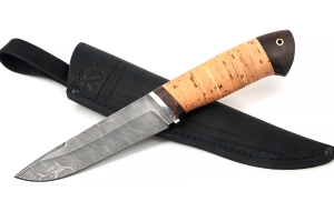 Нож Кабан сталь дамаск, рукоять береста
