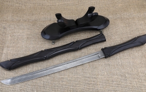 Подарочный сувенир «Вакидзаси» дамаск рукоять резной черный граб на подставке