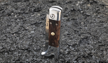 Нож Сапожок выкидной сталь булат накладки карельская береза коричневая Нож Сапожок выкидной сталь булат накладки карельская береза коричневая