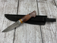 Нож Походный сталь дамаск-долы, рукоять акрил желтый карельская береза коричневая (распродажа)