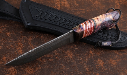 Авторский Нож Барракуда сталь дамаск торцевой, рукоять мокуме-гане карельская береза кость мамонта Авторский Нож Барракуда сталь дамаск торцевой, рукоять мокуме-гане карельская береза кость мамонта